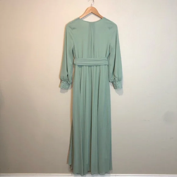 Jessakae Maxi Long Sleeve Chiffon Surplice Neck Gown in Seafoam Green Size Small - Picture 3 of 8